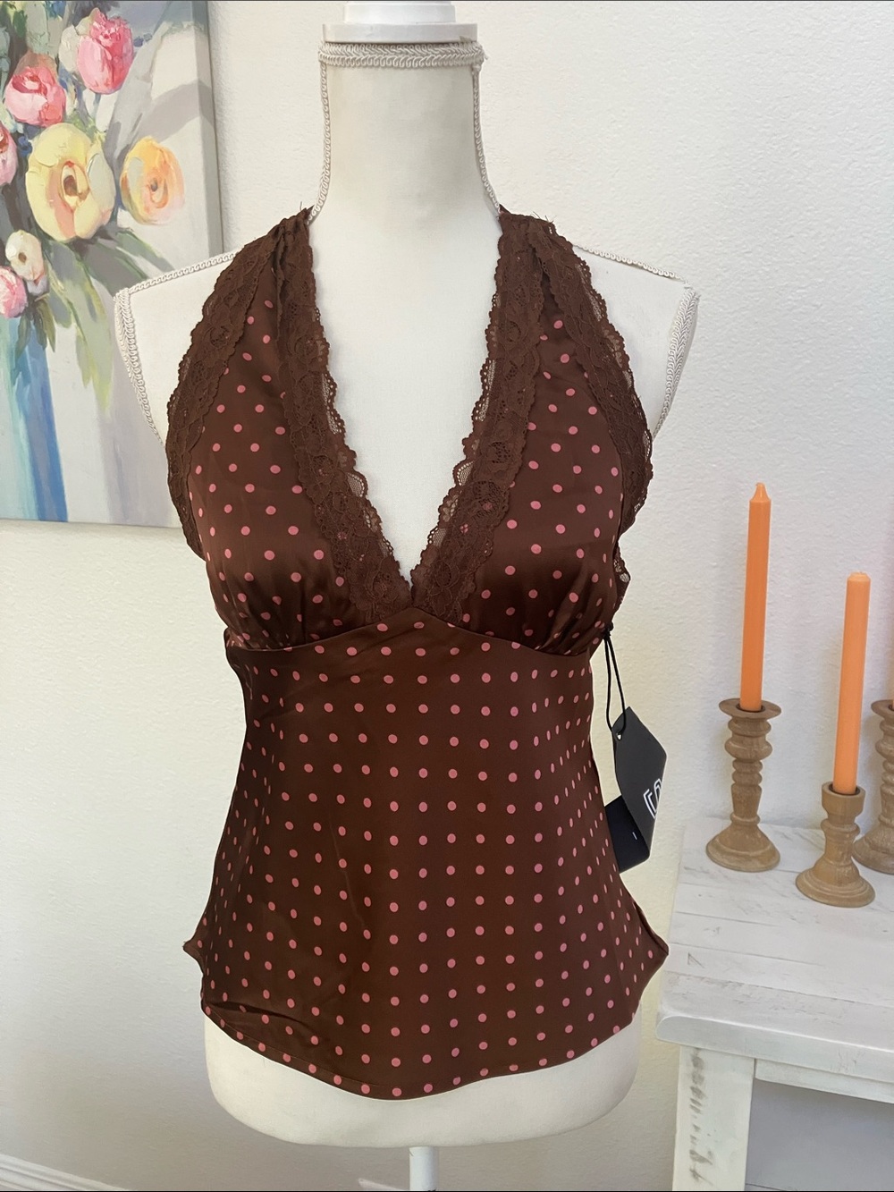 NWT Sans Souci Brown Halter Tank with Pink Polka Dots